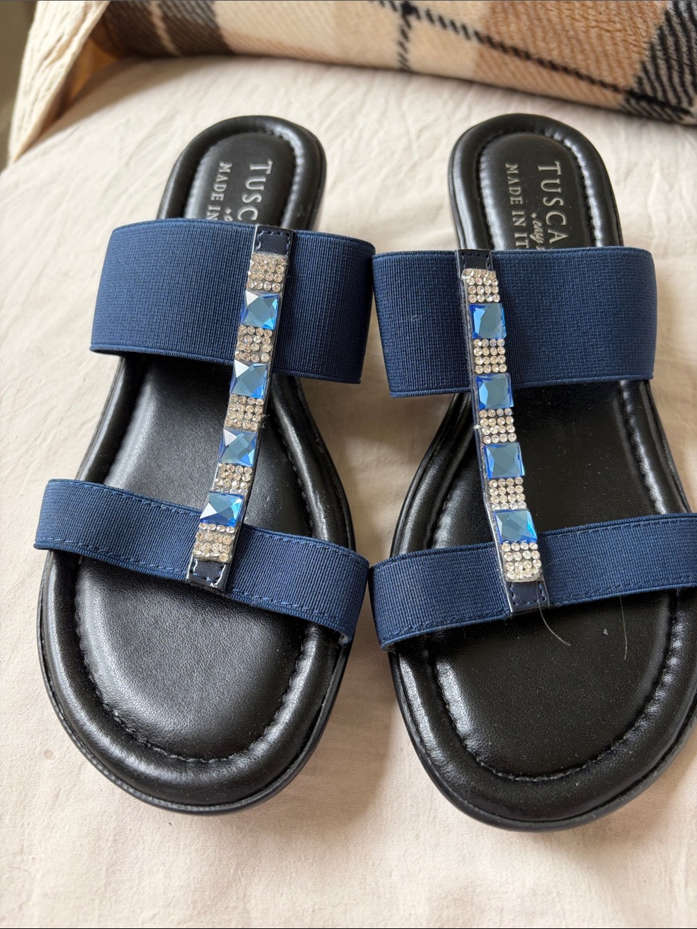easy street Navy Blue Beaded T-Strap Sandals